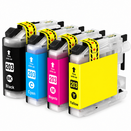 Brother LC203 compatible high yield ink cartridges, 4-pack: black, cyan, magenta and yellow