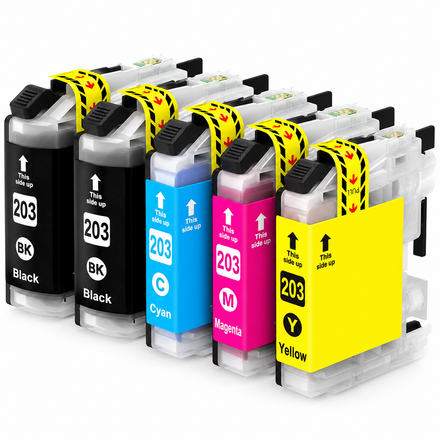 Brother LC203 Compatible Ink Cartridge Combo – High Yield 2 Black & 1 Each Cyan/Magenta/Yellow, 5-Pack