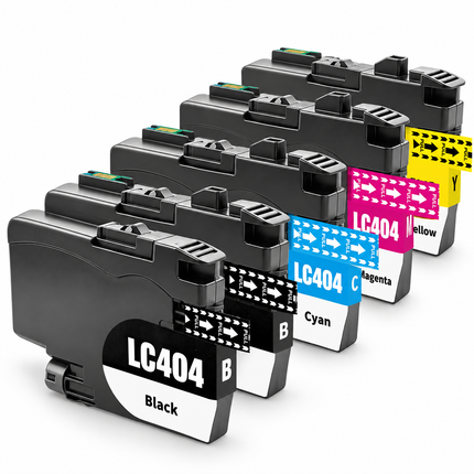 Brother LC404 compatible ink cartridges, 5-pack: two black, cyan, magenta and yellow