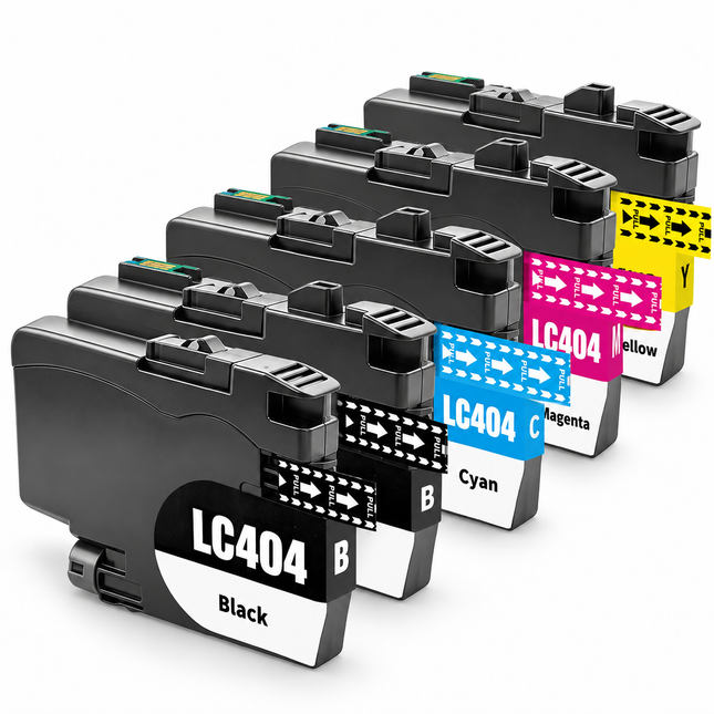 Brother LC404 compatible ink cartridges, 5-pack: two black, cyan, magenta and yellow