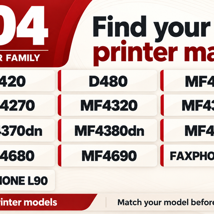 Canon 104 toner printer models: D420, D480, MF4150, MF4270, MF4320, MF4350d, MF4370dn, MF4380dn, MF4650, MF4680, MF4690, FAXPHONE L120, FAXPHONE L90