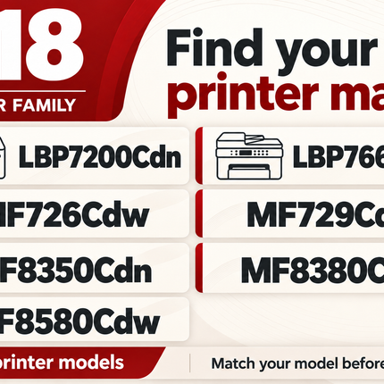 Canon 118 toner printer models: LBP7200Cdn, LBP7660Cdn, MF726Cdw, MF729Cdw, MF8350Cdn, MF8380Cdw, MF8580Cdw