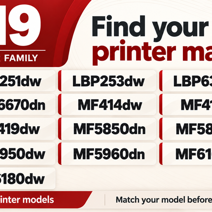 Canon 119 toner printer models: LBP251dw, LBP253dw, LBP6300dn, LBP6670dn, MF414dw, MF416dw, MF419dw, MF5850dn, MF5880dn, MF5950dw, MF5960dn, MF6160dw, MF6180dw