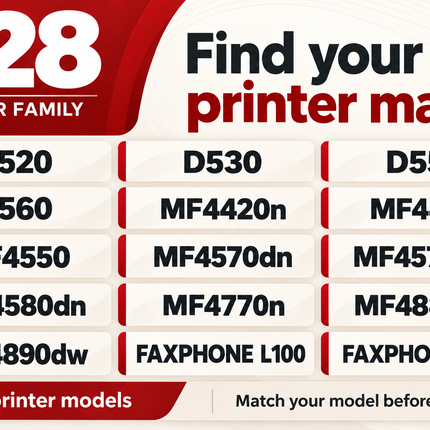 Canon 128 toner printer models: D520, D530, D550, D560, MF4420n, MF4450, MF4550, MF4570dn, MF4570dw, MF4580dn, MF4770n, MF4880dw, MF4890dw, FAXPHONE L100, FAXPHONE L190