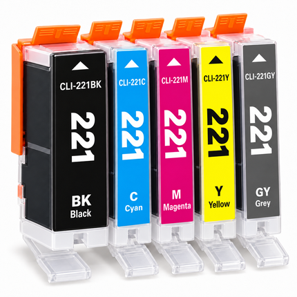 Canon CLI-221 Compatible Ink Cartridge Combo – Black, Cyan, Magenta, Yellow & Grey, 5-Pack