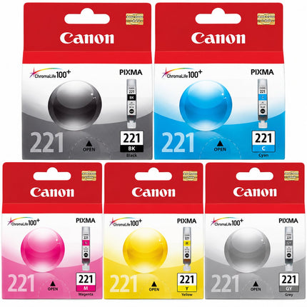Canon CLI-221 Original Ink Cartridge Combo – Black, Cyan, Magenta, Yellow & Grey, 5-Pack