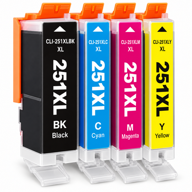 Canon CLI-251XL Compatible Ink Cartridge Combo – High Yield Black, Cyan, Magenta & Yellow, 4-Pack — 1 × CLI-251XLBK Black; 1 × CLI-251XLC Cyan; 1 × CLI-251XLM Magenta; 1 × CLI-251XLY Yellow