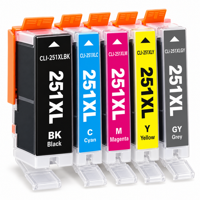 Canon CLI-251XL Compatible Ink Cartridge Combo – High Yield Black, Cyan, Magenta, Yellow & Grey, 5-Pack — 1 × CLI-251XLBK Black; 1 × CLI-251XLC Cyan; 1 × CLI-251XLM Magenta; 1 × CLI-251XLY Yellow; 1 × CLI-251XLGY Grey