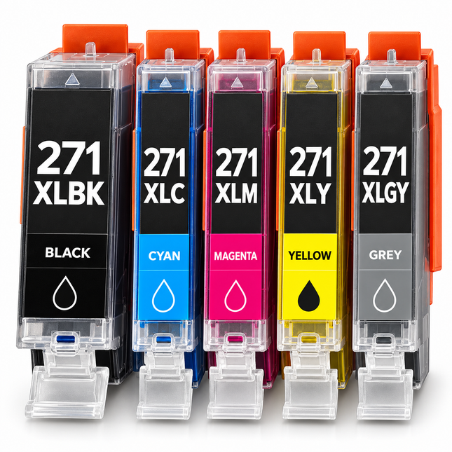Canon CLI-271XL Compatible Ink Cartridge Combo – High Yield Black, Cyan, Magenta, Yellow & Grey, 5-Pack — 1 × CLI-271XLBK Black; 1 × CLI-271XLC Cyan; 1 × CLI-271XLM Magenta; 1 × CLI-271XLY Yellow; 1 × CLI-271XLGY Grey