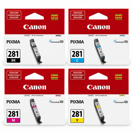 Canon CLI-281 Original Ink Cartridge Combo – Black, Cyan, Magenta & Yellow, 4-Pack — 1 × CLI-281 Black; 1 × CLI-281 Cyan; 1 × CLI-281 Magenta; 1 × CLI-281 Yellow