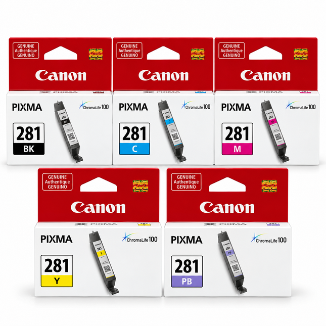 Canon CLI-281 Original Ink Cartridge Combo – Black, Cyan, Magenta, Yellow & Photo Blue, 5-Pack — 1 × CLI-281 Black; 1 × CLI-281 Cyan; 1 × CLI-281 Magenta; 1 × CLI-281 Yellow; 1 × CLI-281 Photo Blue
