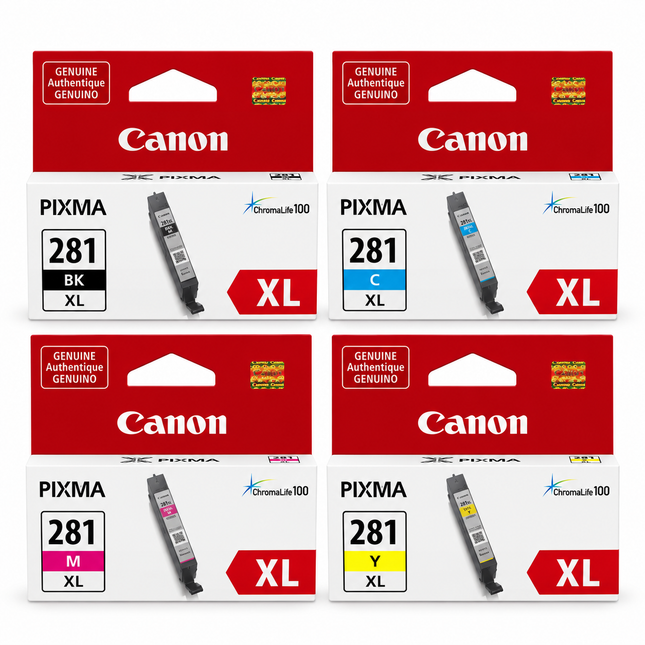 Canon CLI-281XL Original Ink Cartridge Combo – High Yield Black, Cyan, Magenta & Yellow, 4-Pack — 1 × CLI-281XL Black; 1 × CLI-281XL Cyan; 1 × CLI-281XL Magenta; 1 × CLI-281XL Yellow