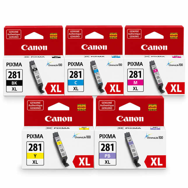 Canon CLI-281XL Original Ink Cartridge Combo – High Yield Black, Cyan, Magenta, Yellow & Photo Blue, 5-Pack — 1 × CLI-281XL Black; 1 × CLI-281XL Cyan; 1 × CLI-281XL Magenta; 1 × CLI-281XL Yellow; 1 × CLI-281XL Photo Blue
