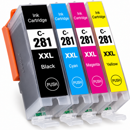 Canon CLI-281XXL Compatible Ink Cartridge Combo – Extra High Yield Black, Cyan, Magenta & Yellow, 4-Pack — 1 × CLI-281XXL Black; 1 × CLI-281XXL Cyan; 1 × CLI-281XXL Magenta; 1 × CLI-281XXL Yellow