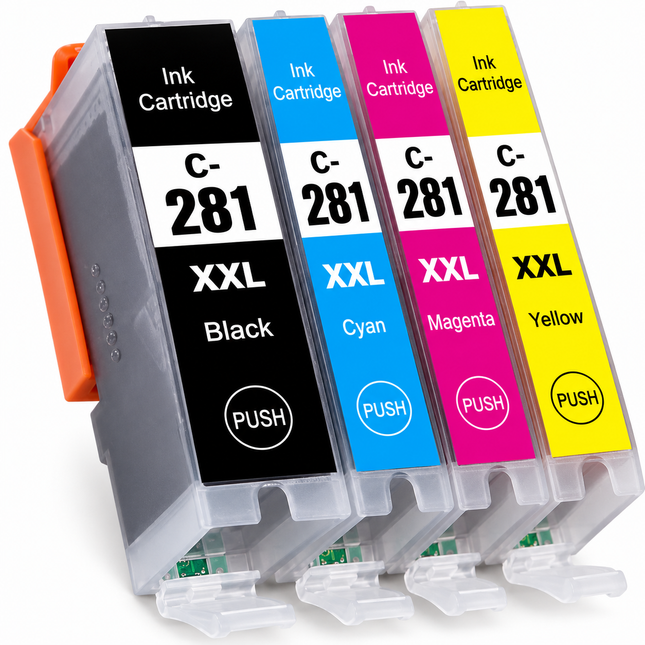 Canon CLI-281XXL Compatible Ink Cartridge Combo – Extra High Yield Black, Cyan, Magenta & Yellow, 4-Pack — 1 × CLI-281XXL Black; 1 × CLI-281XXL Cyan; 1 × CLI-281XXL Magenta; 1 × CLI-281XXL Yellow