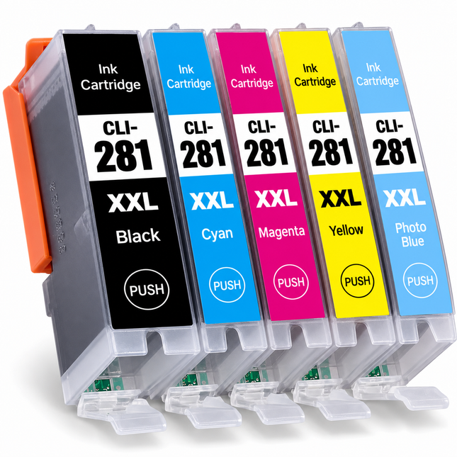 Canon CLI-281XXL Compatible Ink Cartridge Combo – Extra High Yield Black, Cyan, Magenta, Yellow & Photo Blue, 5-Pack — 1 × CLI-281XXL Black; 1 × CLI-281XXL Cyan; 1 × CLI-281XXL Magenta; 1 × CLI-281XXL Yellow; 1 × CLI-281XXL Photo Blue