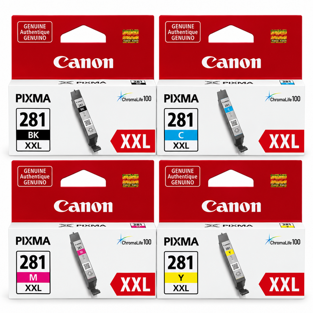 Canon CLI-281XXL Original Ink Cartridge Combo – Extra High Yield Black, Cyan, Magenta & Yellow, 4-Pack — 1 × CLI-281XXL Black; 1 × CLI-281XXL Cyan; 1 × CLI-281XXL Magenta; 1 × CLI-281XXL Yellow