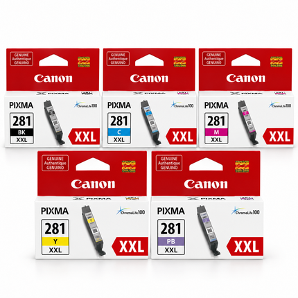 Canon CLI-281XXL Original Ink Cartridge Combo – Extra High Yield Black, Cyan, Magenta, Yellow & Photo Blue, 5-Pack — 1 × CLI-281XXL Black; 1 × CLI-281XXL Cyan; 1 × CLI-281XXL Magenta; 1 × CLI-281XXL Yellow; 1 × CLI-281XXL Photo Blue