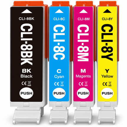 Canon CLI-8 Compatible Ink Cartridge Combo – Black, Cyan, Magenta & Yellow, 4-Pack — 1 × CLI-8BK Black; 1 × CLI-8C Cyan; 1 × CLI-8M Magenta; 1 × CLI-8Y Yellow