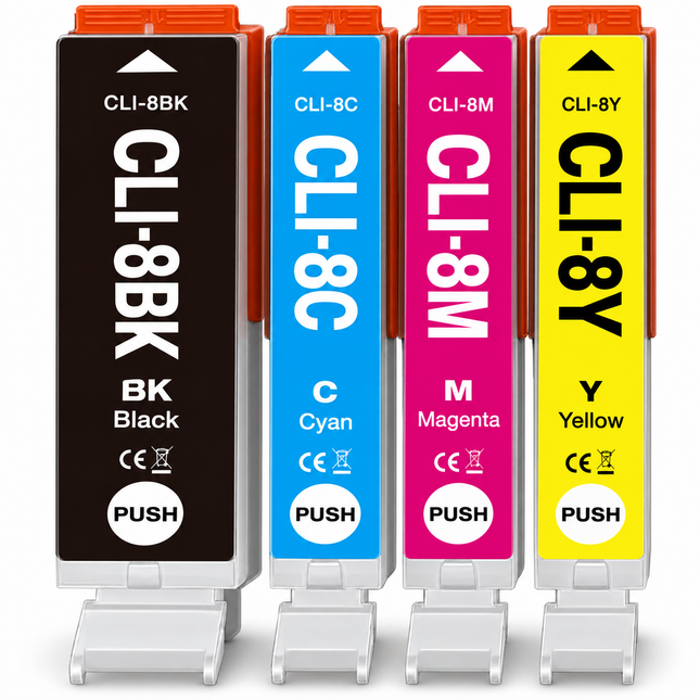 Canon CLI-8 Compatible Ink Cartridge Combo – Black, Cyan, Magenta & Yellow, 4-Pack — 1 × CLI-8BK Black; 1 × CLI-8C Cyan; 1 × CLI-8M Magenta; 1 × CLI-8Y Yellow