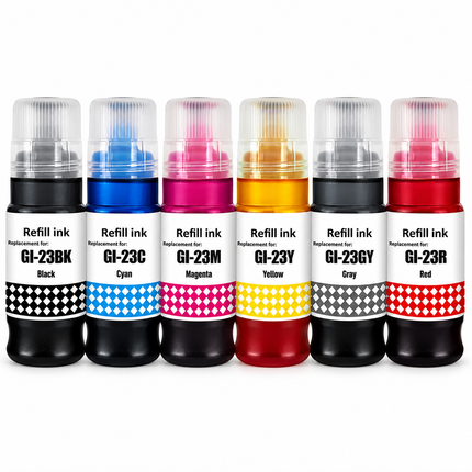 Canon GI-23 Compatible Ink Bottle Combo – Black, Cyan, Magenta, Yellow, Grey & Red, 6-Pack