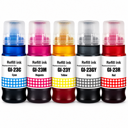 Canon GI-23 Compatible Ink Bottle Combo – Cyan, Magenta, Yellow, Grey & Red, 5-Pack