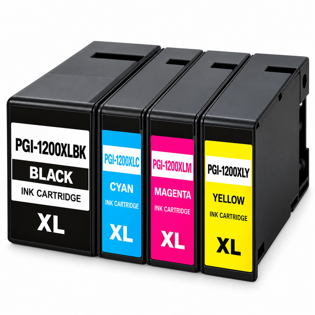 Canon PGI-1200XL Compatible Ink Cartridge Combo – High Yield Black, Cyan, Magenta & Yellow, 4-Pack — 1 × PGI-1200XLBK Black; 1 × PGI-1200XLC Cyan; 1 × PGI-1200XLM Magenta; 1 × PGI-1200XLY Yellow