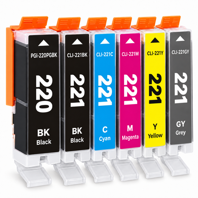Canon PGI-220 / CLI-221 Compatible Ink Cartridge Combo – Full Set with Grey, 6-Pack