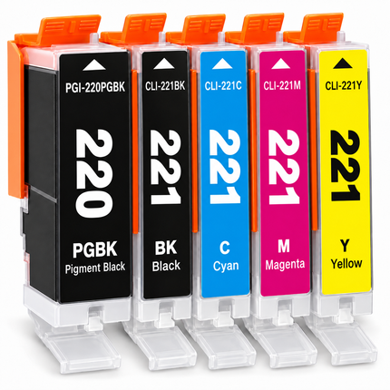 Canon PGI-220 / CLI-221 Compatible Ink Cartridge Combo – Pigment Black, Black, Cyan, Magenta & Yellow, 5-Pack