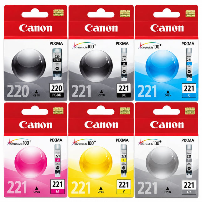 Canon PGI-220 / CLI-221 Original Ink Cartridge Combo – Full Set with Grey, 6-Pack