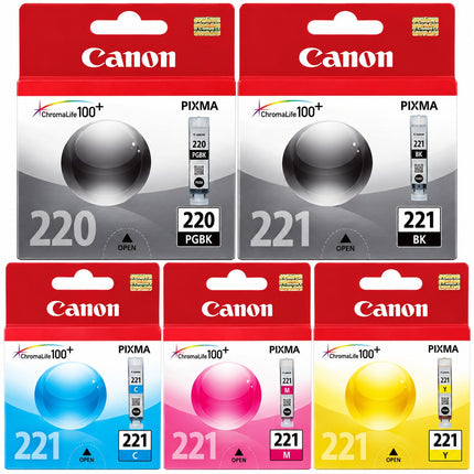 Canon PGI-220 / CLI-221 Original Ink Cartridge Combo – Pigment Black, Black, Cyan, Magenta & Yellow, 5-Pack