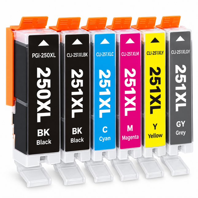 Canon PGI-250XL / CLI-251XL Compatible Ink Cartridge Combo – High Yield Full Set with Grey, 6-Pack — 1 × PGI-250XL Black; 1 × CLI-251XLBK Black; 1 × CLI-251XLC Cyan; 1 × CLI-251XLM Magenta; 1 × CLI-251XLY Yellow; 1 × CLI-251XLGY Grey
