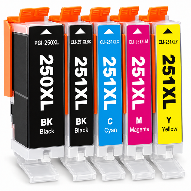 Canon PGI-250XL / CLI-251XL Compatible Ink Cartridge Combo – High Yield Pigment Black, Black, Cyan, Magenta & Yellow, 5-Pack — 1 × PGI-250XL Black; 1 × CLI-251XLBK Black; 1 × CLI-251XLC Cyan; 1 × CLI-251XLM Magenta; 1 × CLI-251XLY Yellow