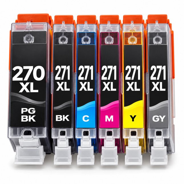 Canon PGI-270XL / CLI-271XL Compatible Ink Cartridge Combo – High Yield Full Set with Grey, 6-Pack — 1 × PGI-270XL Pigment Black; 1 × CLI-271XLBK Black; 1 × CLI-271XLC Cyan; 1 × CLI-271XLM Magenta; 1 × CLI-271XLY Yellow; 1 × CLI-271XLGY Grey