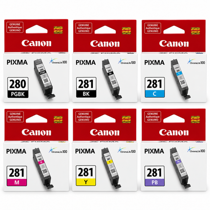 Canon PGI-280 / CLI-281 Original Ink Cartridge Combo – Full Set with Photo Blue, 6-Pack — 1 × PGI-280 Pigment Black; 1 × CLI-281 Black; 1 × CLI-281 Cyan; 1 × CLI-281 Magenta; 1 × CLI-281 Yellow; 1 × CLI-281 Photo Blue