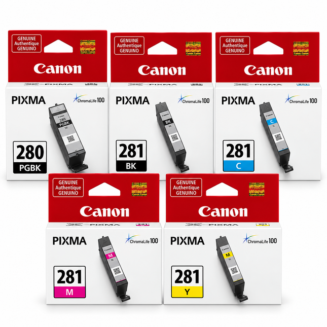 Canon PGI-280 / CLI-281 Original Ink Cartridge Combo – Pigment Black, Black, Cyan, Magenta & Yellow, 5-Pack — 1 × PGI-280 Pigment Black; 1 × CLI-281 Black; 1 × CLI-281 Cyan; 1 × CLI-281 Magenta; 1 × CLI-281 Yellow