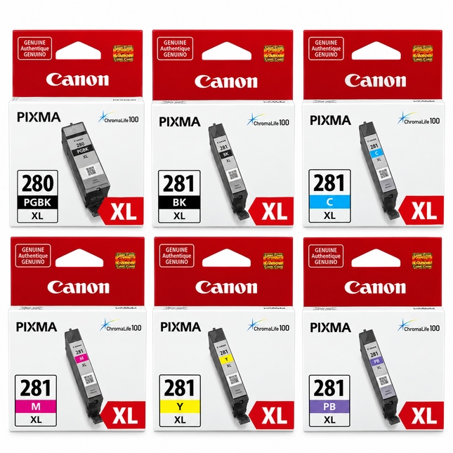 Canon PGI-280XL / CLI-281XL Original Ink Cartridge Combo – High Yield Full Set with Photo Blue, 6-Pack — 1 × PGI-280XL Pigment Black; 1 × CLI-281XL Black; 1 × CLI-281XL Cyan; 1 × CLI-281XL Magenta; 1 × CLI-281XL Yellow; 1 × CLI-281XL Photo Blue