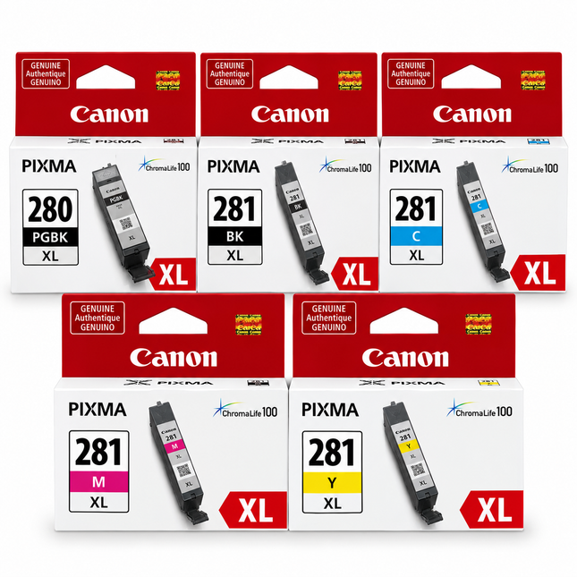 Canon PGI-280XL / CLI-281XL Original Ink Cartridge Combo – High Yield Pigment Black, Black, Cyan, Magenta & Yellow, 5-Pack — 1 × PGI-280XL Pigment Black; 1 × CLI-281XL Black; 1 × CLI-281XL Cyan; 1 × CLI-281XL Magenta; 1 × CLI-281XL Yellow
