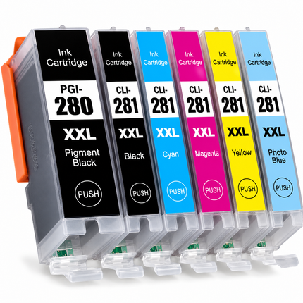 Canon PGI-280XXL / CLI-281XXL Compatible Ink Cartridge Combo – Extra High Yield Full Set with Photo Blue, 6-Pack — 1 × PGI-280XXL Pigment Black; 1 × CLI-281XXL Black; 1 × CLI-281XXL Cyan; 1 × CLI-281XXL Magenta; 1 × CLI-281XXL Yellow; 1 × CLI-281XXL Photo Blue