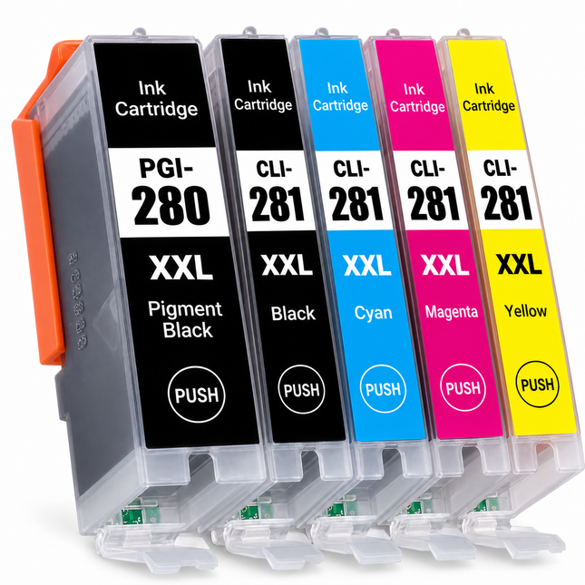 Canon PGI-280XXL / CLI-281XXL Compatible Ink Cartridge Combo – Extra High Yield Pigment Black, Black, Cyan, Magenta & Yellow, 5-Pack — 1 × PGI-280XXL Pigment Black; 1 × CLI-281XXL Black; 1 × CLI-281XXL Cyan; 1 × CLI-281XXL Magenta; 1 × CLI-281XXL Yellow