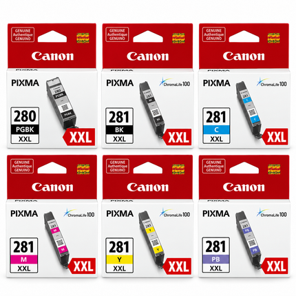 Canon PGI-280XXL / CLI-281XXL Original Ink Cartridge Combo – Extra High Yield Full Set with Photo Blue, 6-Pack — 1 × PGI-280XXL Pigment Black; 1 × CLI-281XXL Black; 1 × CLI-281XXL Cyan; 1 × CLI-281XXL Magenta; 1 × CLI-281XXL Yellow; 1 × CLI-281XXL Photo Blue