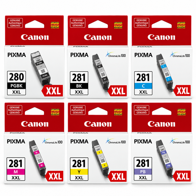 Canon PGI-280XXL / CLI-281XXL Original Ink Cartridge Combo – Extra High Yield Full Set with Photo Blue, 6-Pack — 1 × PGI-280XXL Pigment Black; 1 × CLI-281XXL Black; 1 × CLI-281XXL Cyan; 1 × CLI-281XXL Magenta; 1 × CLI-281XXL Yellow; 1 × CLI-281XXL Photo Blue