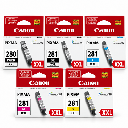 Canon PGI-280XXL / CLI-281XXL Original Ink Cartridge Combo – Extra High Yield Pigment Black, Black, Cyan, Magenta & Yellow, 5-Pack — 1 × PGI-280XXL Pigment Black; 1 × CLI-281XXL Black; 1 × CLI-281XXL Cyan; 1 × CLI-281XXL Magenta; 1 × CLI-281XXL Yellow