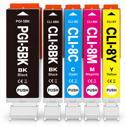 Canon PGI-5 / CLI-8 Compatible Ink Cartridge Combo – Pigment Black, Black, Cyan, Magenta & Yellow, 5-Pack — 1 × PGI-5BK Black; 1 × CLI-8BK Black; 1 × CLI-8C Cyan; 1 × CLI-8M Magenta; 1 × CLI-8Y Yellow