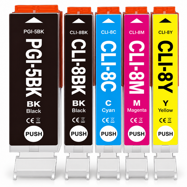Canon PGI-5 / CLI-8 Compatible Ink Cartridge Combo – Pigment Black, Black, Cyan, Magenta & Yellow, 5-Pack — 1 × PGI-5BK Black; 1 × CLI-8BK Black; 1 × CLI-8C Cyan; 1 × CLI-8M Magenta; 1 × CLI-8Y Yellow